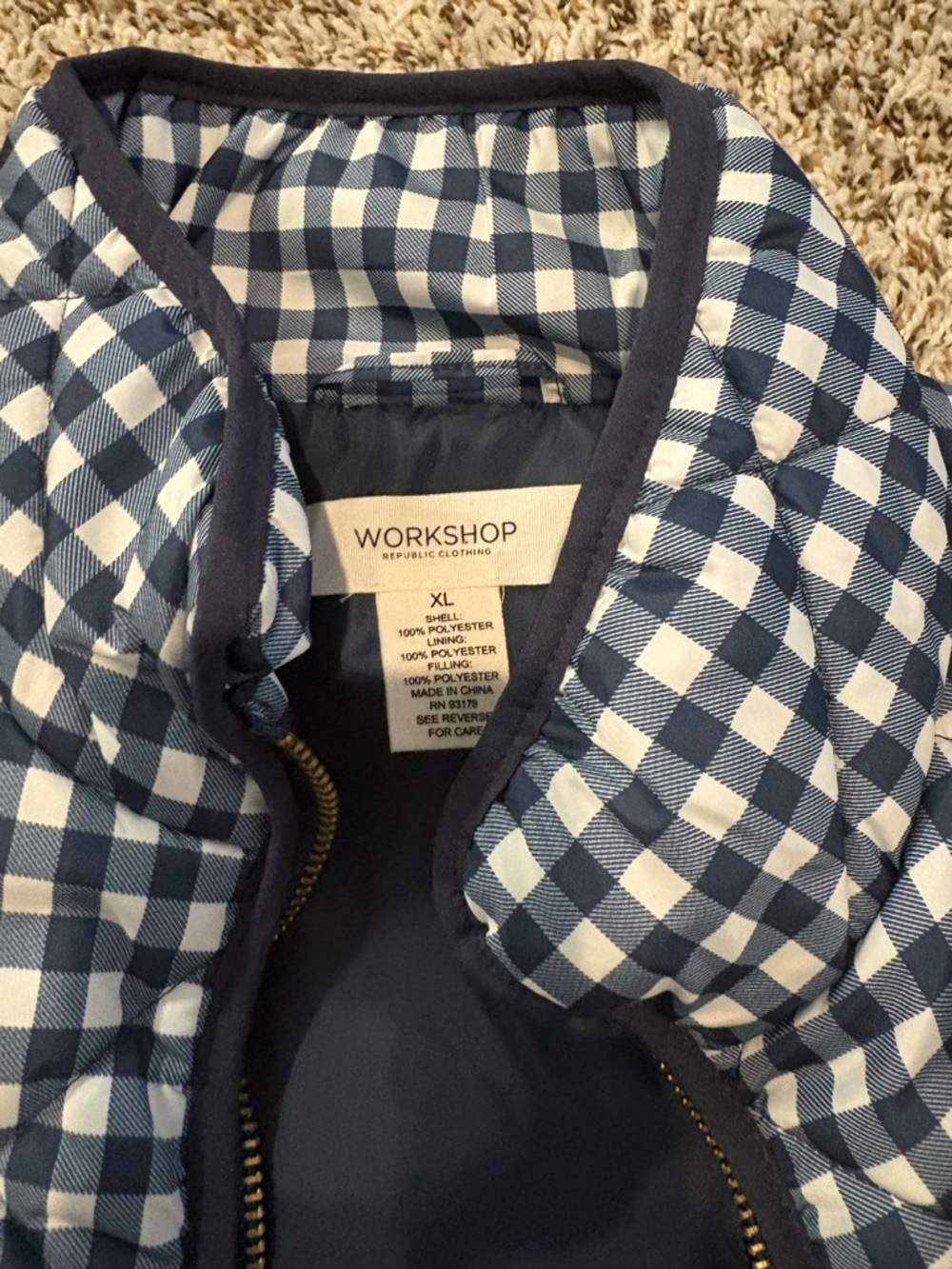 Workshop Republic Clothing Navy and White Gingham Puffer Vest Women’s xl - Picture 2 of 5